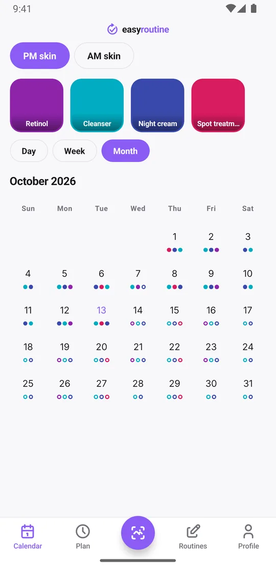 EasyRoutine month view of a PM skin routine with colored dots for each evening step on the days it was logged