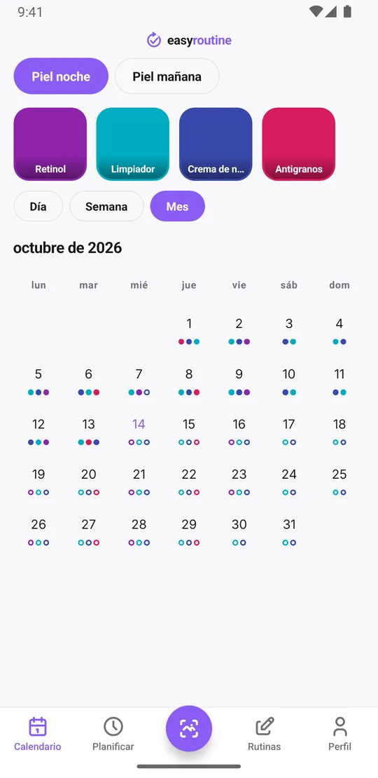 Vista mensual de EasyRoutine de una rutina Piel noche con puntos de color para cada paso de la noche en los días en que se registró