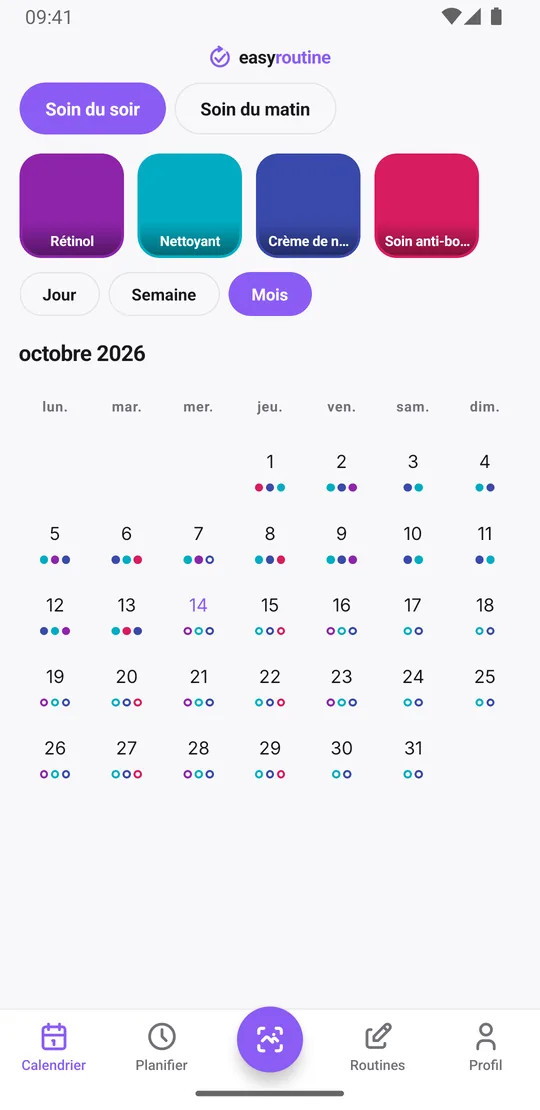 Vue mois d'EasyRoutine d'une routine Soin du soir avec des points de couleur pour chaque étape du soir les jours où elle a été enregistrée
