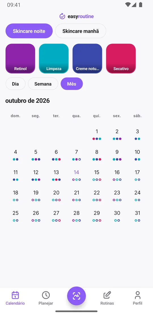 Visão mensal do EasyRoutine de uma rotina Skincare noite com pontos coloridos para cada etapa da noite nos dias em que foi registrada