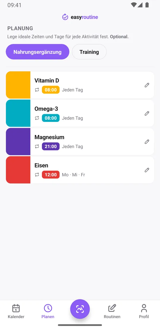 EasyRoutine Tab Planen mit Nahrungsergänzungsmitteln und ihren Tagen und Uhrzeiten, etwa Vitamin D täglich um 8:00 und Magnesium um 21:00