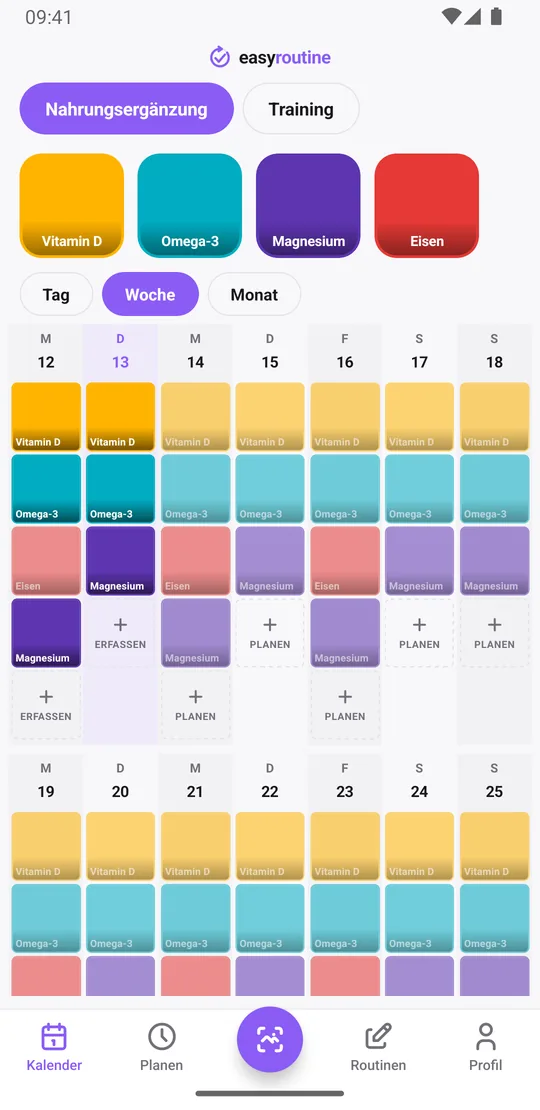 EasyRoutine Wochenansicht einer Routine Nahrungsergänzung mit farbigen Kacheln für Vitamin D, Magnesium, Omega-3 und Eisen an jedem Tag, an dem sie genommen wurden