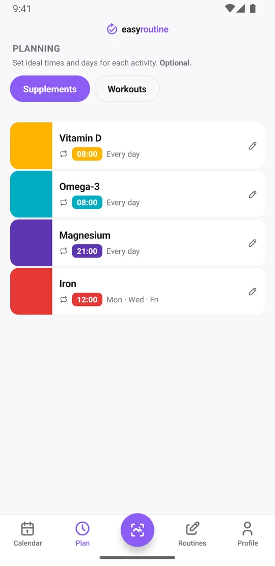 EasyRoutine Plan tab listing supplements with their days and times, such as Vitamin D every day at 8:00 and Magnesium at 21:00