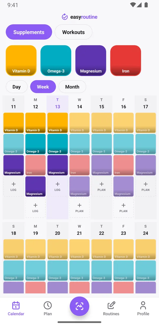 EasyRoutine week view of a Supplements routine with colored tiles for Vitamin D, Magnesium, Omega-3 and Iron on each day they were taken