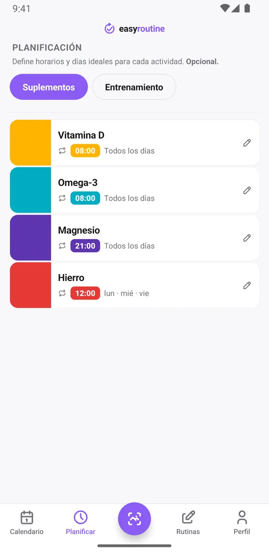 Pestaña Planificar de EasyRoutine con suplementos y sus días y horas, como Vitamina D todos los días a las 8:00 y Magnesio a las 21:00