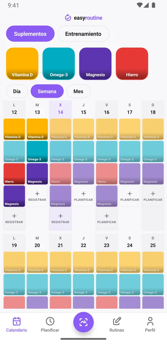 Vista Semana de EasyRoutine de una rutina Suplementos con casillas de colores para Vitamina D, Magnesio, Omega-3 y Hierro cada día que se tomaron