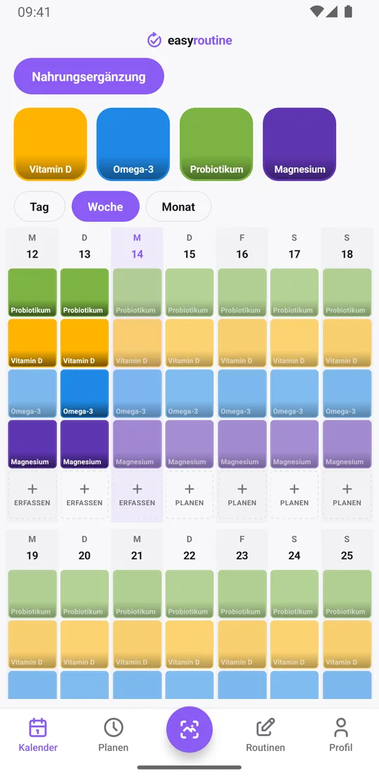 EasyRoutine Wochenansicht einer Routine Nahrungsergänzung mit farbigen Kacheln für Vitamin D, Omega-3, Probiotikum und Magnesium an jedem Tag der Einnahme und blassen Einträgen für noch nicht erfasste Einnahmen