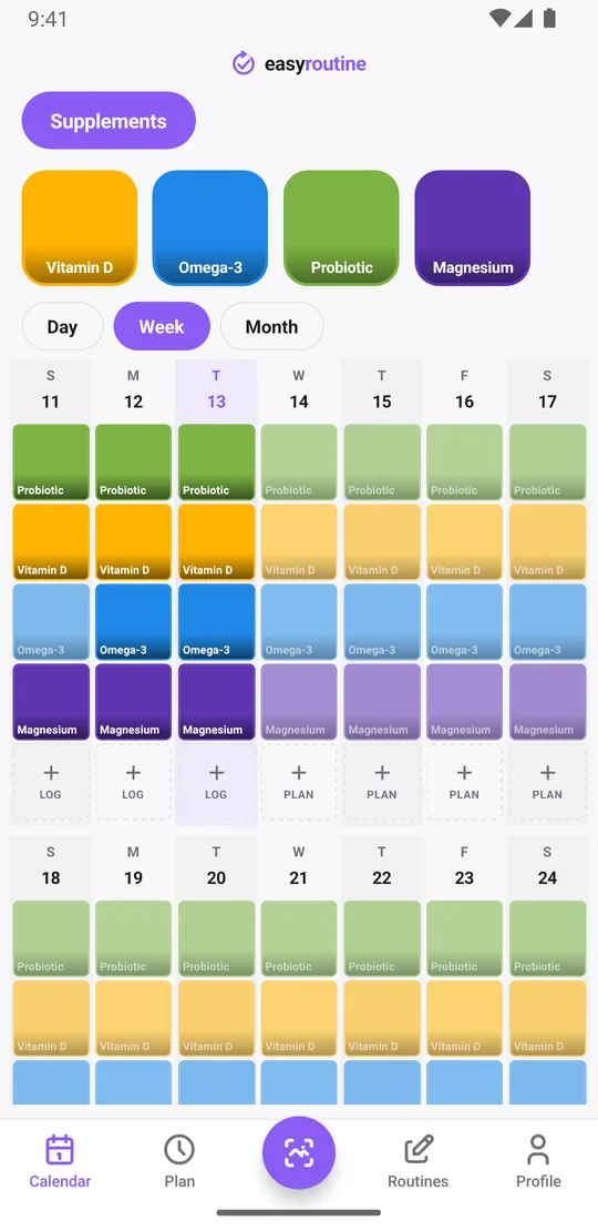 EasyRoutine week view of a Supplements routine with colored tiles for vitamin D, omega-3, probiotic and magnesium on each day they were taken, and faded entries for doses not logged yet