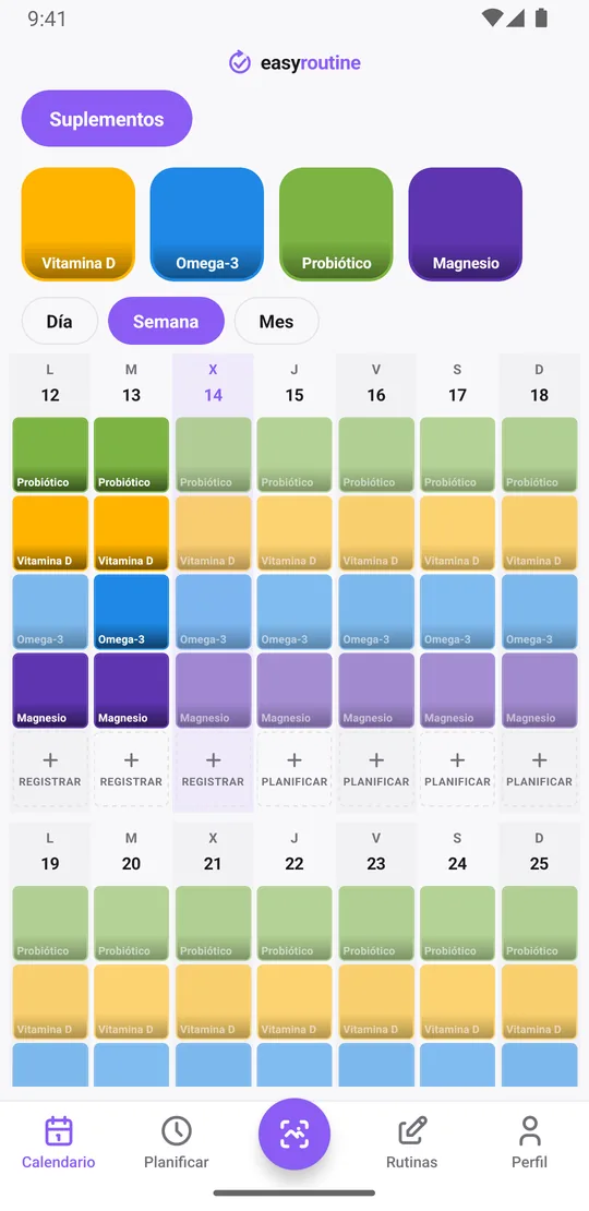 Vista semanal de EasyRoutine de una rutina Suplementos con fichas de colores para vitamina D, omega-3, probiótico y magnesio en cada día en que se tomaron, y entradas atenuadas para tomas aún no registradas