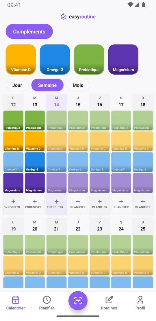 Vue semaine d'EasyRoutine d'une routine Compléments avec des tuiles de couleur pour la vitamine D, l'oméga-3, le probiotique et le magnésium chaque jour de prise, et des entrées estompées pour les prises pas encore enregistrées