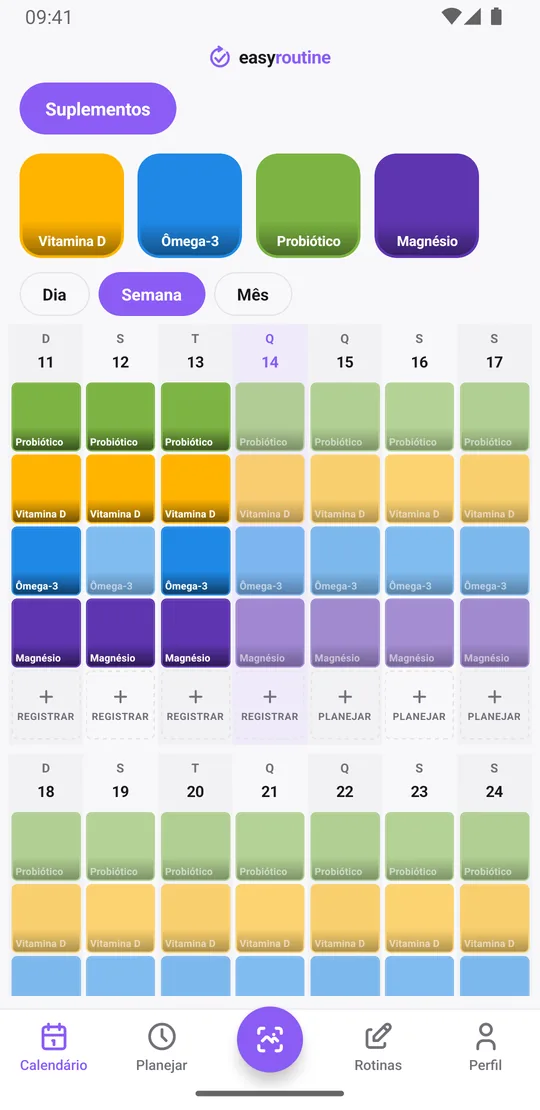 Visão semanal do EasyRoutine de uma rotina Suplementos com blocos coloridos de vitamina D, ômega-3, probiótico e magnésio em cada dia em que foram tomados, e entradas apagadas para doses ainda não registradas