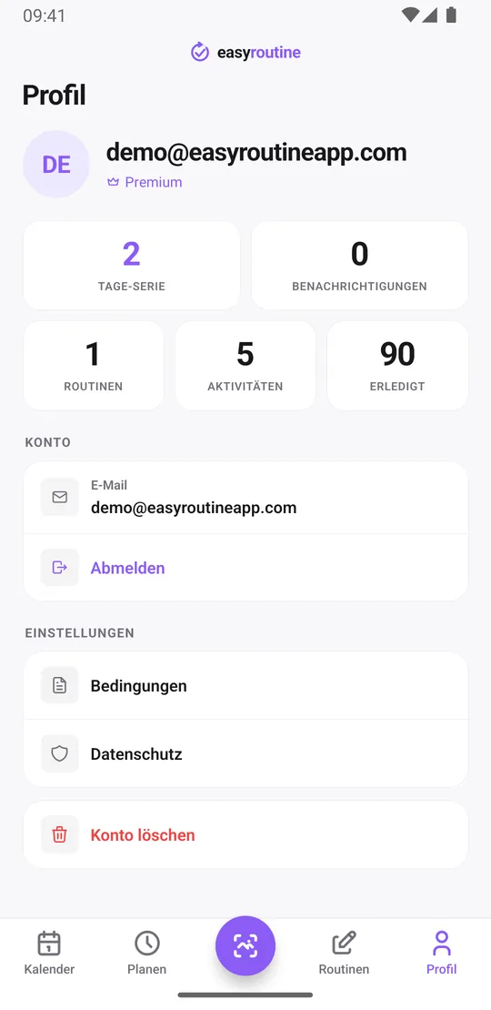 EasyRoutine Profil mit Kacheln für Tage-Serie, Benachrichtigungen, Routinen, Aktivitäten und Erledigt