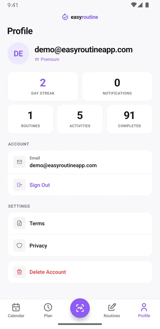 EasyRoutine profile screen with tiles for day streak, notifications, routines, activities and completed logs