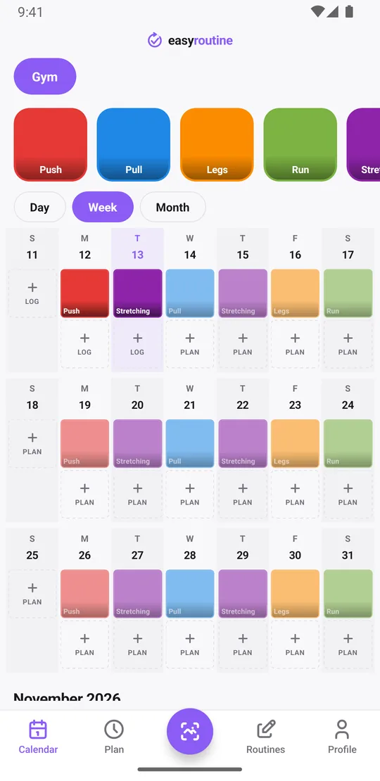 EasyRoutine week view of a Gym routine with tiles for push, pull, legs, run and stretching on the days they were done, and faded entries for planned sessions not logged yet