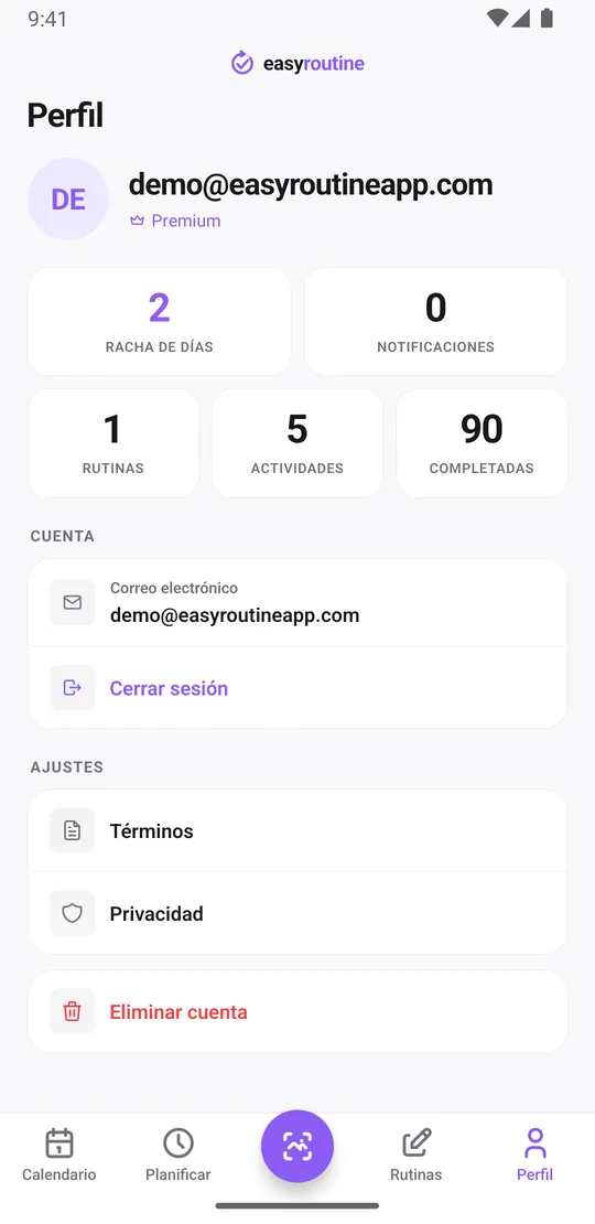 Pantalla de perfil de EasyRoutine con fichas de racha de días, notificaciones, rutinas, actividades y completadas