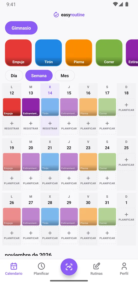 Vista semanal de EasyRoutine de una rutina Gimnasio con fichas de empuje, tirón, pierna, correr y estiramientos en los días en que se hicieron, y entradas atenuadas para sesiones planificadas aún sin registrar
