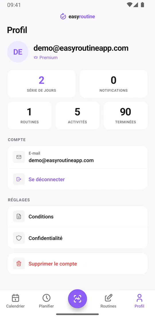 Écran Profil d'EasyRoutine avec les tuiles Série de jours, Notifications, Routines, Activités et Terminées