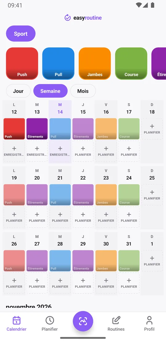 Vue semaine d'EasyRoutine d'une routine Sport avec des tuiles push, pull, jambes, course et étirements les jours où ils ont été faits, et des entrées estompées pour les séances prévues pas encore enregistrées