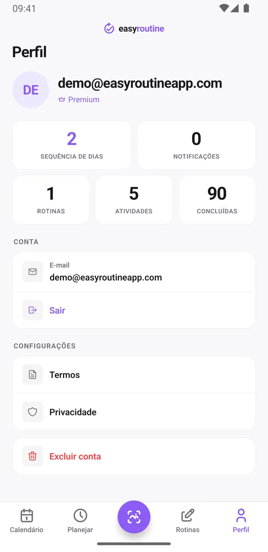 Tela de perfil do EasyRoutine com blocos de sequência de dias, notificações, rotinas, atividades e concluídas