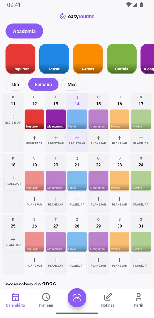 Visão semanal do EasyRoutine de uma rotina Academia com blocos de empurrar, puxar, pernas, corrida e alongamento nos dias em que foram feitos, e entradas apagadas para treinos planejados ainda não registrados