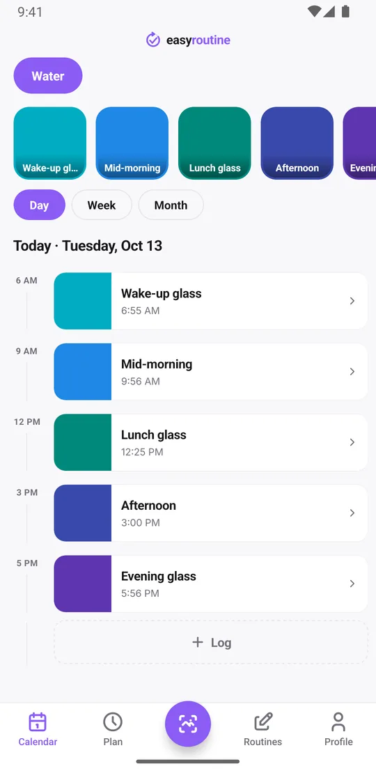 EasyRoutine day view of the Water routine with the morning and lunch glasses logged as solid cards and the afternoon and evening glasses still faded