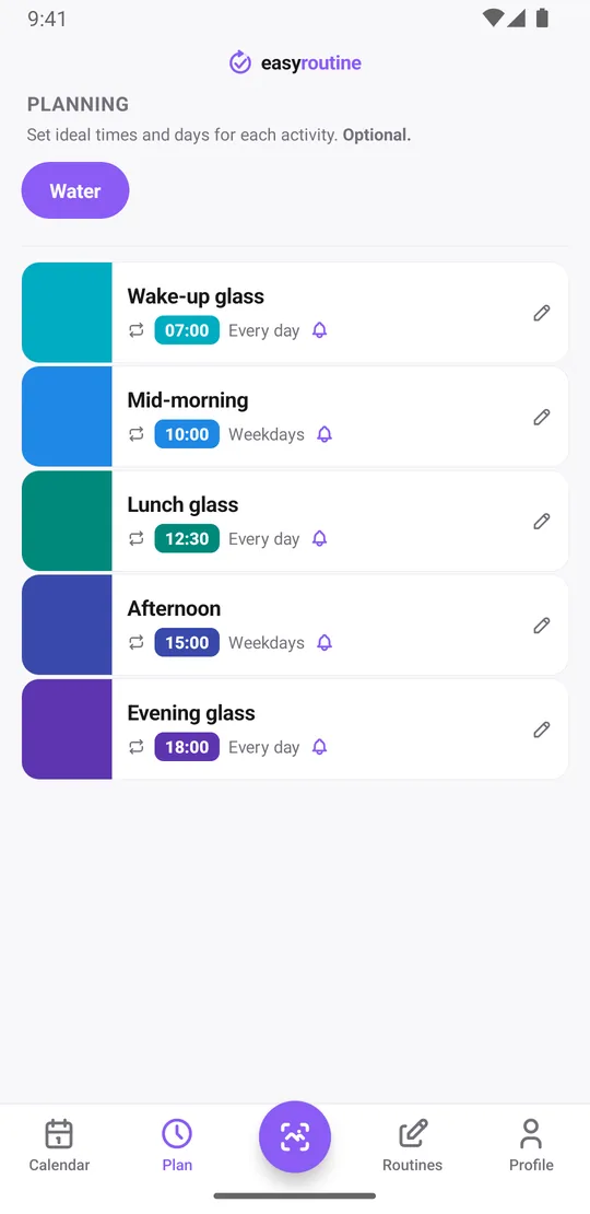 EasyRoutine Plan tab for the Water routine listing the wake-up glass at 7:00 every day, mid-morning at 10:00 on weekdays, lunch glass at 12:30 every day, afternoon at 15:00 on weekdays and evening glass at 18:00 every day, each with an on-time reminder bell