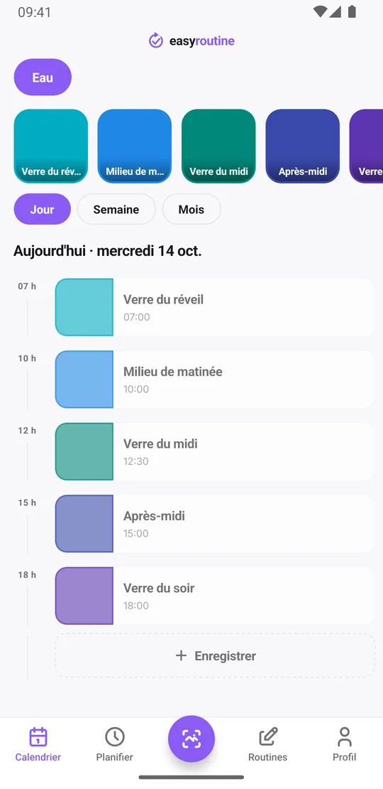 Vue Jour de la routine Eau dans EasyRoutine avec les verres du matin et du midi enregistrés en cartes pleines et ceux de l'après-midi et du soir encore pâles
