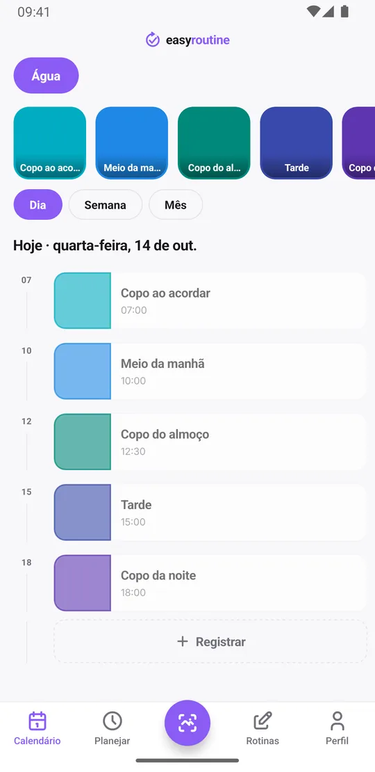 Visão Dia da rotina Água no EasyRoutine com os copos da manhã e do almoço registrados como blocos sólidos e os da tarde e da noite ainda esmaecidos