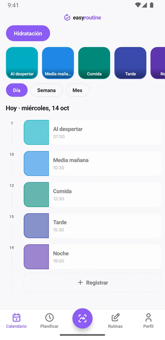 Vista diaria de EasyRoutine de la rutina Hidratación con los vasos de al despertar, media mañana y comida registrados en color sólido, y los de la tarde y la noche todavía atenuados