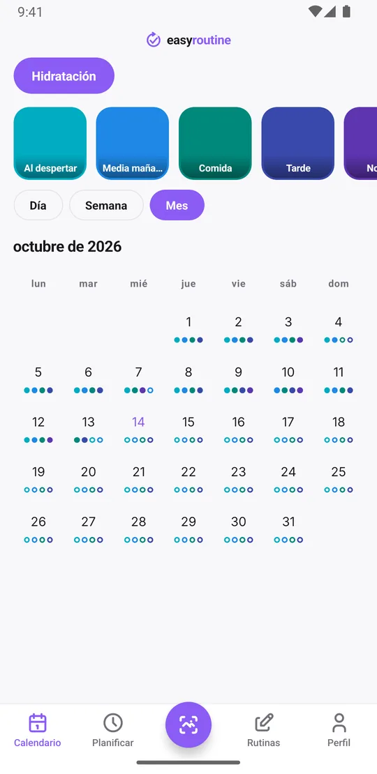 Vista mensual de EasyRoutine de la rutina Hidratación con puntos de colores por los vasos registrados cada día, la mayoría de los días con varios colores