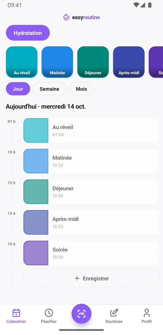 Vue jour d'EasyRoutine de la routine Hydratation avec les verres du réveil, de la matinée et du déjeuner enregistrés en couleur pleine et ceux de l'après-midi et de la soirée encore en transparence