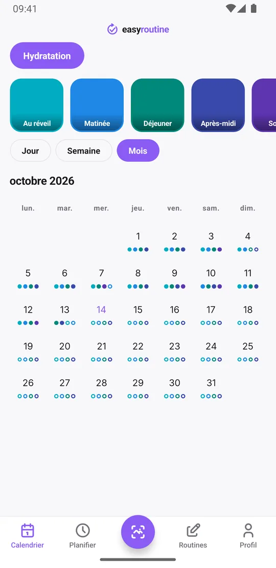 Vue mois d'EasyRoutine de la routine Hydratation avec des points colorés pour les verres enregistrés chaque jour, la plupart des jours en plusieurs couleurs