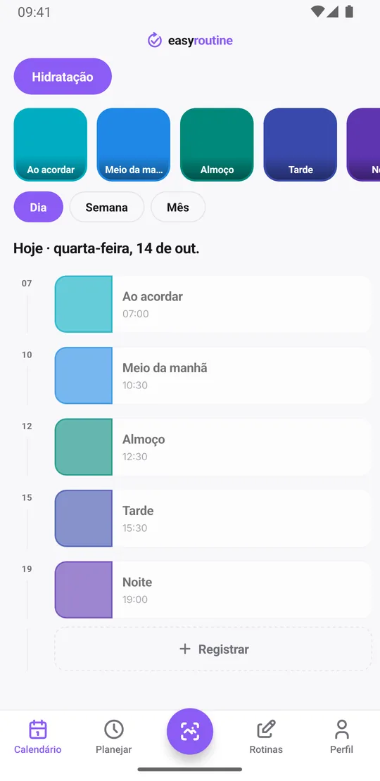Visão diária do EasyRoutine da rotina Hidratação com os copos ao acordar, no meio da manhã e no almoço registrados em cor sólida, e os da tarde e da noite ainda esmaecidos