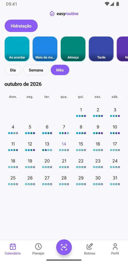 Visão mensal do EasyRoutine da rotina Hidratação com pontos coloridos para os copos registrados em cada dia, a maioria dos dias com várias cores