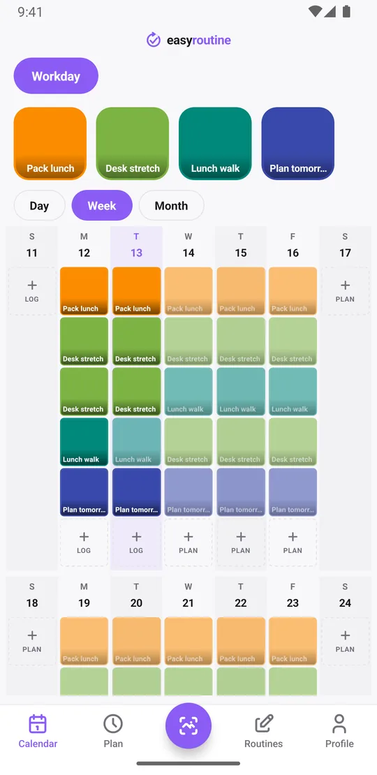 EasyRoutine week view of the Workday routine with colored tiles and faded entries from Monday to Friday and no entries on Saturday and Sunday