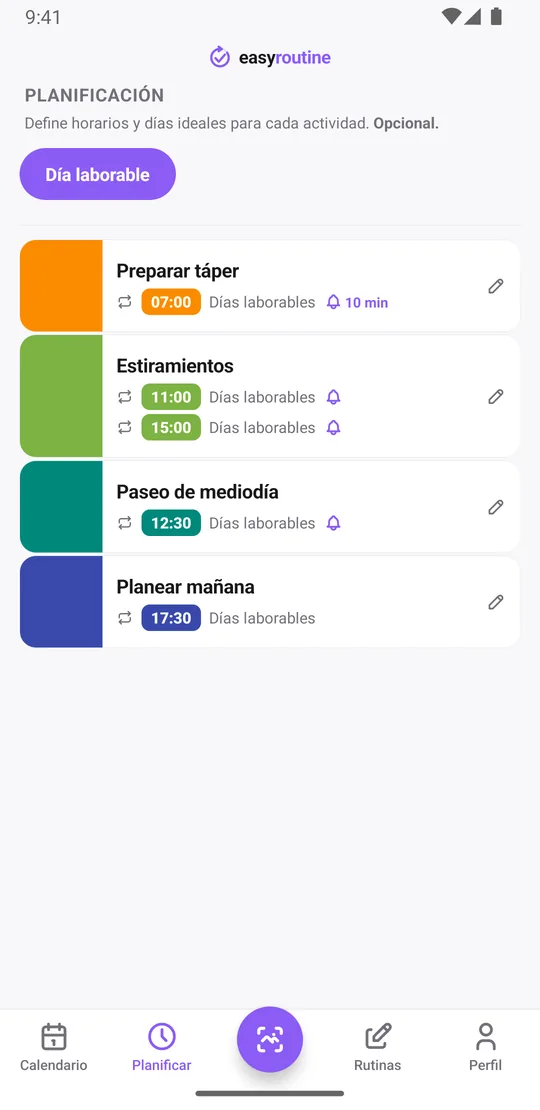 Pestaña Planificar de EasyRoutine para la rutina Día laborable: preparar táper a las 07:00 con campana 10 min antes, estiramientos a las 11:00 y 15:00 y paseo de mediodía a las 12:30 con campana a la hora, y planear mañana a las 17:30, cada una con la etiqueta Días laborables