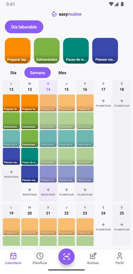 Vista semanal de la rutina Día laborable en EasyRoutine con casillas de color y entradas atenuadas de lunes a viernes y sin entradas el sábado y el domingo