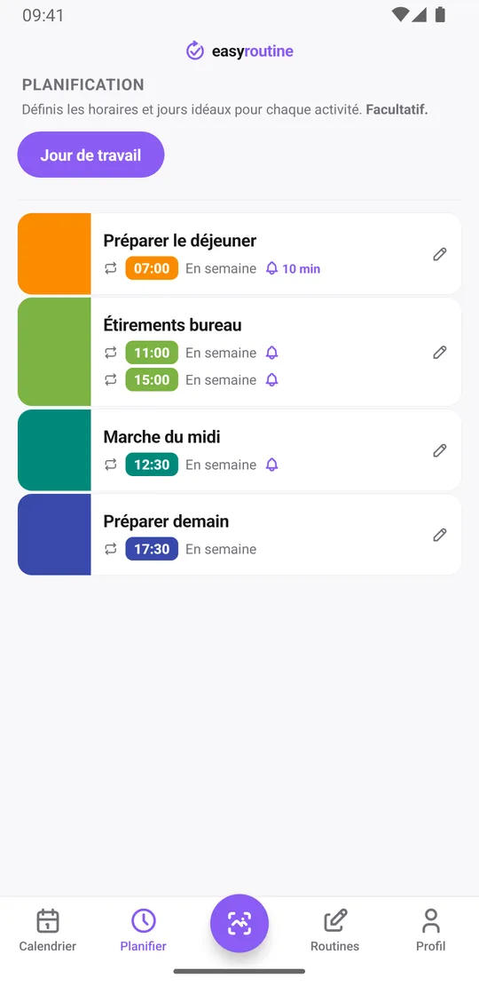 Onglet Planifier d'EasyRoutine pour la routine Jour de travail : préparer le déjeuner à 07:00 avec une cloche 10 min avant, étirements bureau à 11:00 et 15:00 et marche du midi à 12:30 avec une cloche à l'heure, et préparer demain à 17:30, chacune avec la mention En semaine