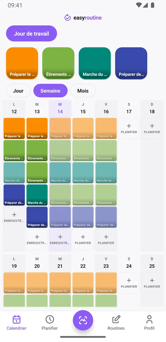 Vue semaine de la routine Jour de travail dans EasyRoutine avec des tuiles colorées et des entrées estompées du lundi au vendredi, et aucune entrée le samedi et le dimanche