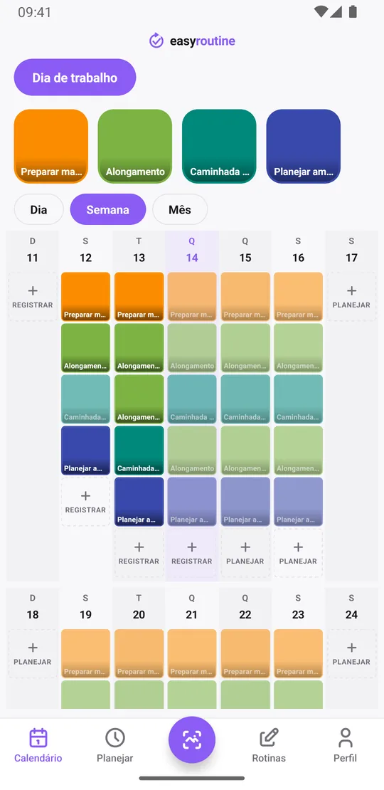 Visão semanal da rotina Dia de trabalho no EasyRoutine com quadradinhos coloridos e entradas esmaecidas de segunda a sexta e nenhuma entrada no sábado e no domingo