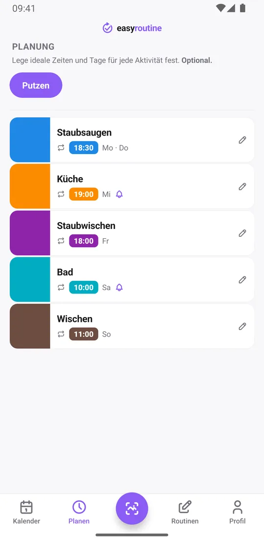 EasyRoutine-Tab Planen für die Routine Putzen: Staubsaugen am Montag und Donnerstag, Küche am Mittwoch, Staubwischen am Freitag, Bad am Samstag und Wischen am Sonntag, mit Erinnerungsglocke bei Küche und Bad
