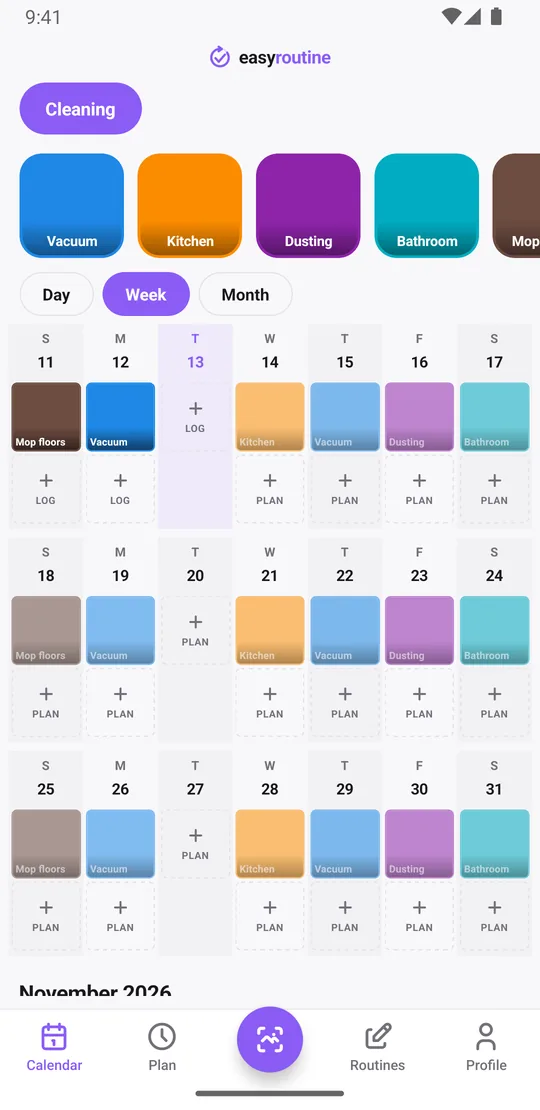 EasyRoutine week view of the Cleaning routine with solid colored tiles for chores already done and faded entries for chores still planned this week