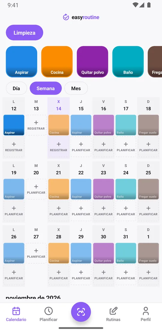 Vista semanal de EasyRoutine de la rutina Limpieza con casillas de color sólido para las tareas ya hechas y entradas atenuadas para las tareas aún planificadas esta semana