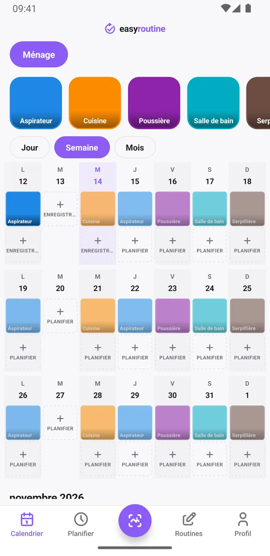 Vue semaine d'EasyRoutine pour la routine Ménage avec des cases colorées pleines pour les tâches déjà faites et des entrées pâles pour les tâches encore prévues cette semaine