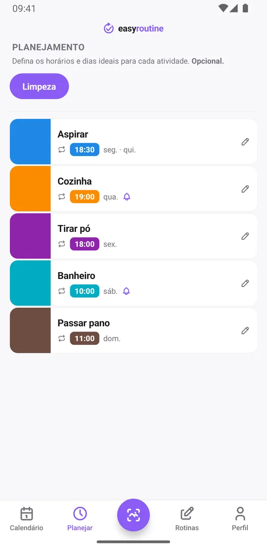 Aba Planejar do EasyRoutine para a rotina Limpeza: aspirar na segunda e na quinta, cozinha na quarta, tirar pó na sexta, banheiro no sábado e passar pano no domingo, com um sino de lembrete na cozinha e no banheiro