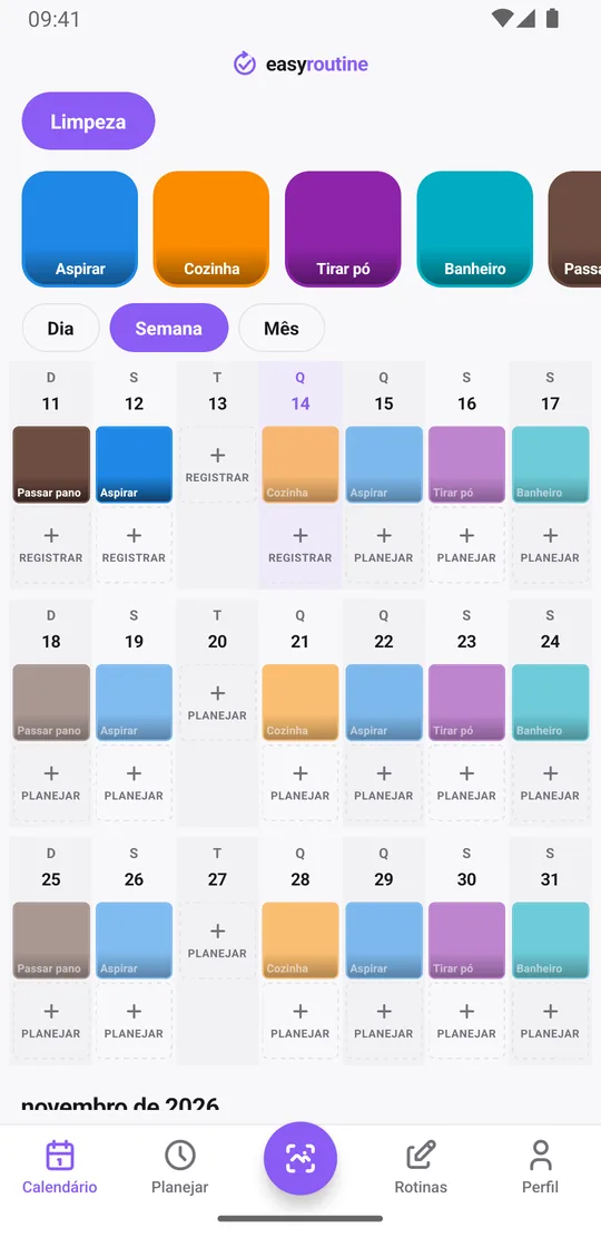 Visão semanal do EasyRoutine da rotina Limpeza com blocos coloridos sólidos para tarefas já feitas e entradas esmaecidas para tarefas ainda planejadas nesta semana
