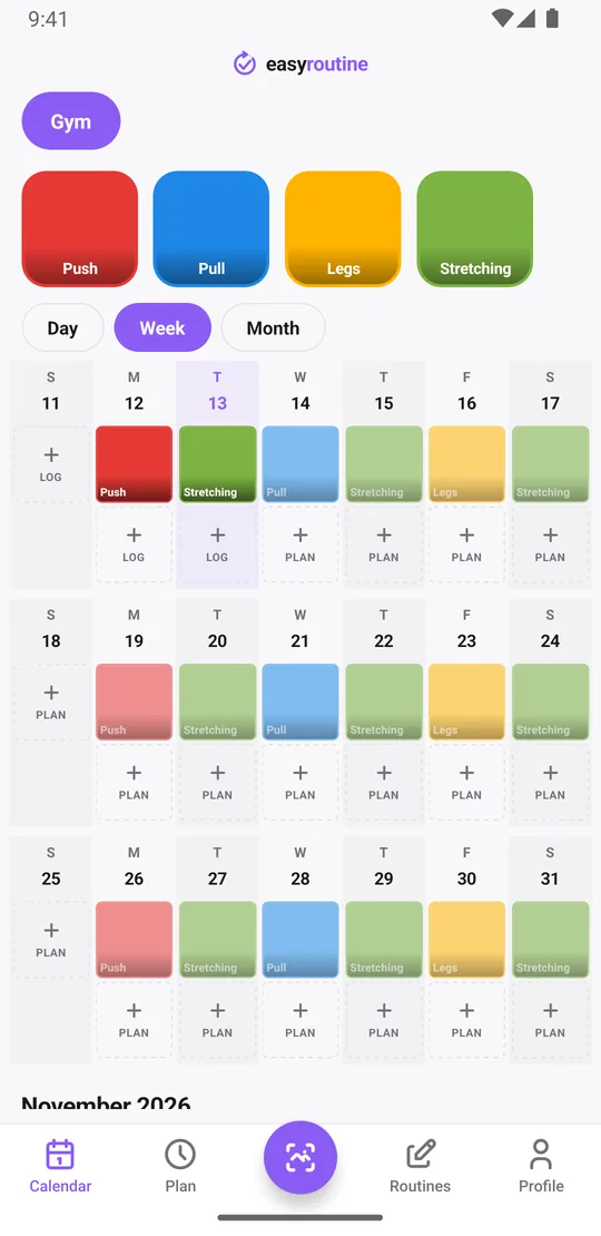 EasyRoutine week view of the Gym routine with colored tiles for logged Push, Pull and Legs sessions and stretching, and faded entries for planned sessions