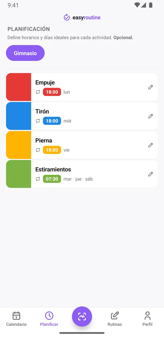 Pestaña Planificar de EasyRoutine para la rutina Gimnasio: Empuje el lunes, Tirón el miércoles y Pierna el viernes a las 18:00, Estiramientos el martes, jueves y sábado a las 07:30