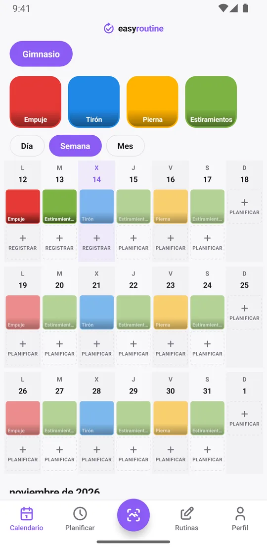 Vista semanal de la rutina Gimnasio en EasyRoutine con casillas de color para las sesiones registradas de Empuje, Tirón, Pierna y Estiramientos, y entradas atenuadas para las sesiones planificadas
