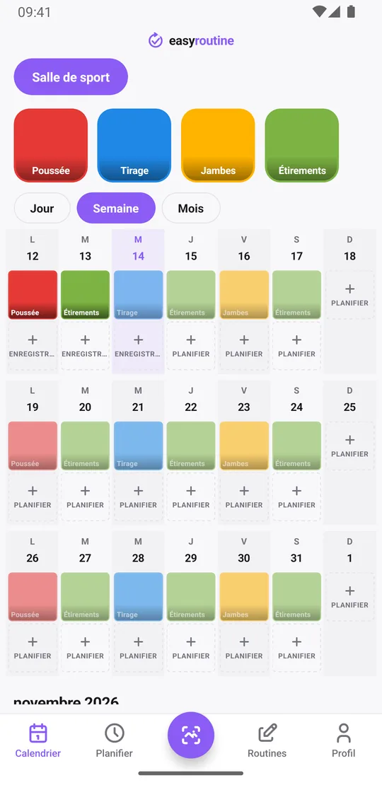 Vue semaine de la routine Salle de sport dans EasyRoutine avec des tuiles colorées pour les séances Poussée, Tirage, Jambes et Étirements enregistrées, et des entrées estompées pour les séances prévues